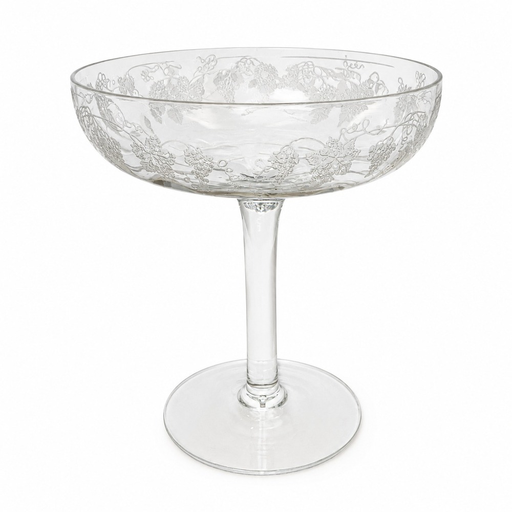 1920's Fry Art Glass Etched Crystal Grape Leaves Champagne/Tall Sherbet 6.5"H